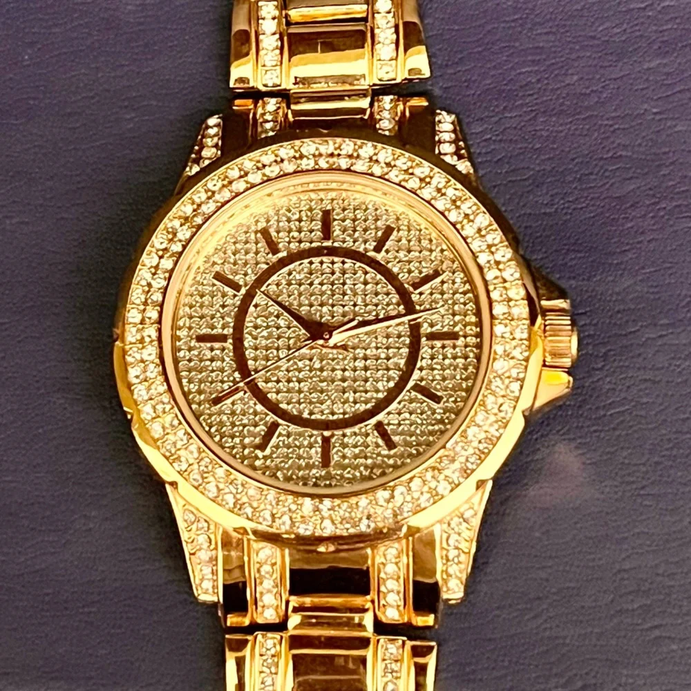 FMDAL Oversized Gold Glitz Watch Iced Out Pavé Rhinestone Statement Bling Glam